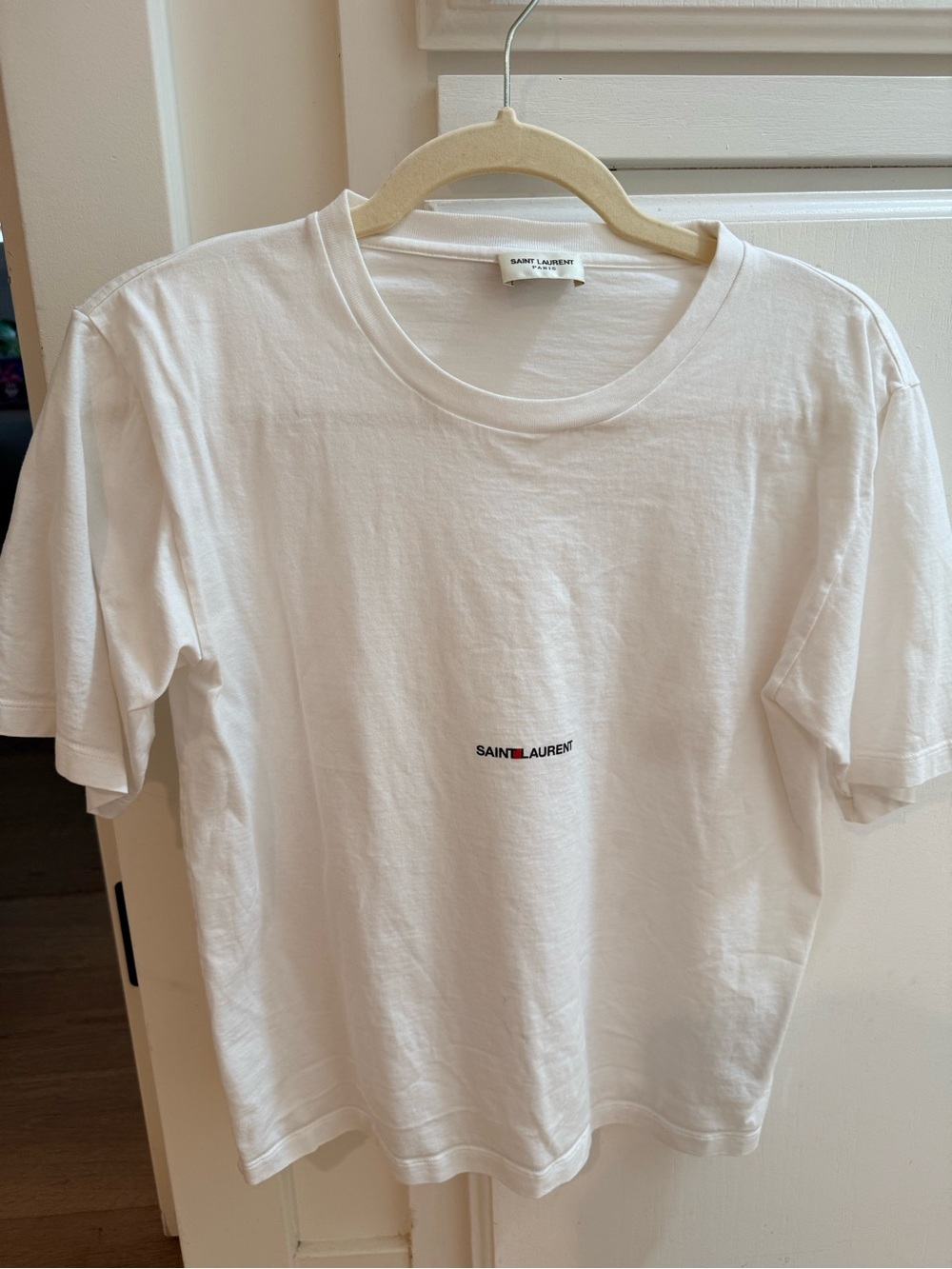 Saint Laurent White Cotton Crewneck T-Shirt with Center Logo